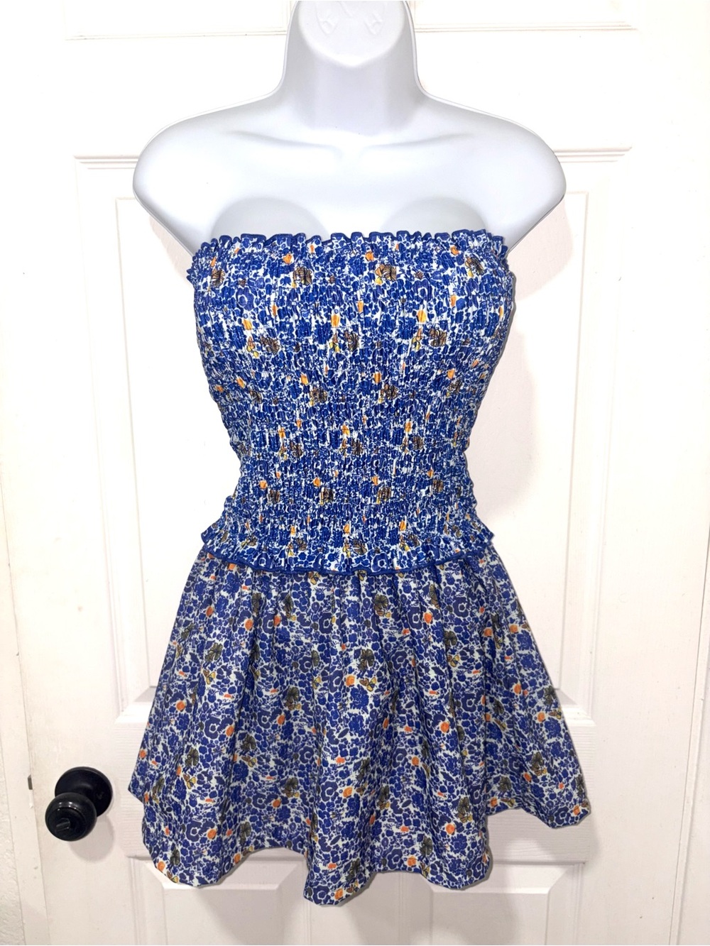 Blue Floral Smocked Strapless Mini Dress Coverup / Skirt by Strawberry Milk Mob